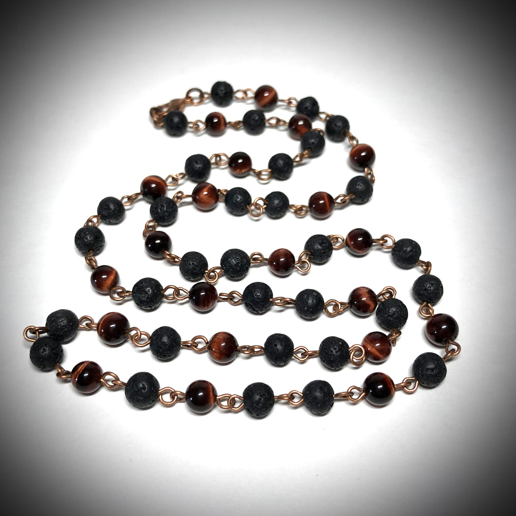 Necklace - Lava Stone, Red Tiger's Eye, Copper