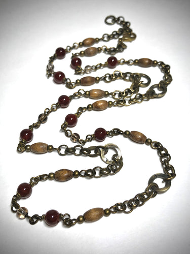 Necklace/Bracelet - Red Agate, Smokey Quartz, Wood, Brass