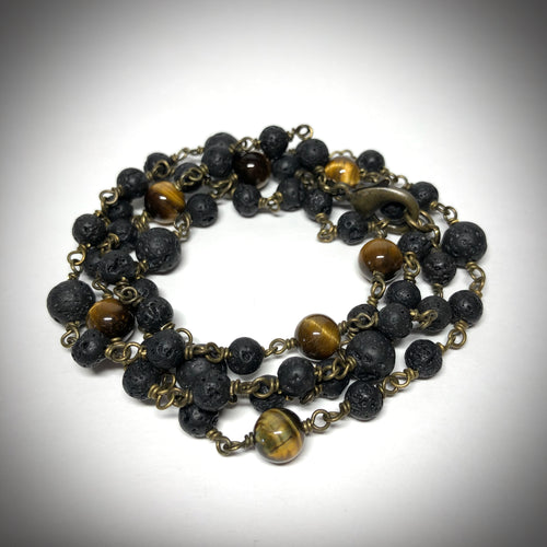 Necklace/Bracelet - Lava Stone, Tiger's Eye, Brass