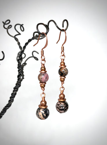 Earrings - Pink & Black Jasper, Copper