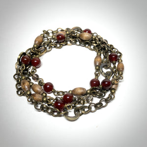 Necklace/Bracelet - Red Agate, Smokey Quartz, Wood, Brass